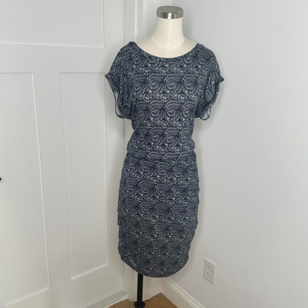 maje Blue & White Ruched Stretch Knit Dress - Size 3 (US M/L) - Paisley Swirl